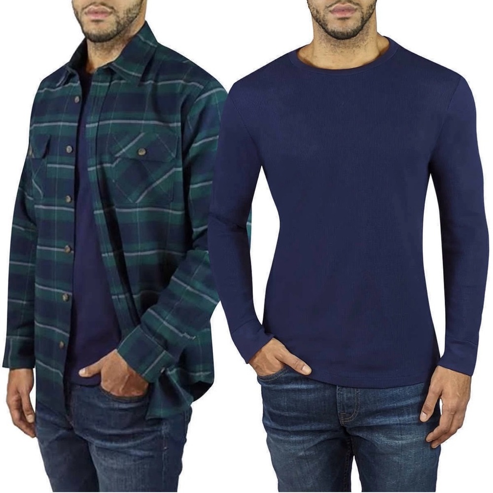 Jachs New York Men's Tall Waffle Thermal + Flannel Shirt 2 PACK, Green XXL